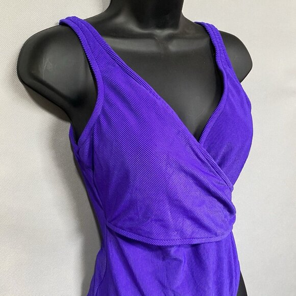 Vintage Bathing Suit Shell Beach One Piece Purple Crossover Front Ribbed EST. Lg - Picture 3 of 12